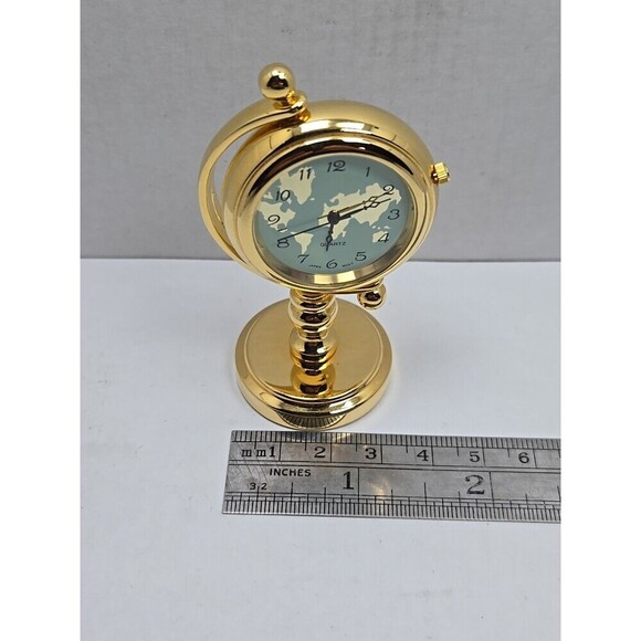 Miniature Gold World Map Desk Clock Quartz Japan Movt New Battery Working Gimbal - Picture 5 of 8